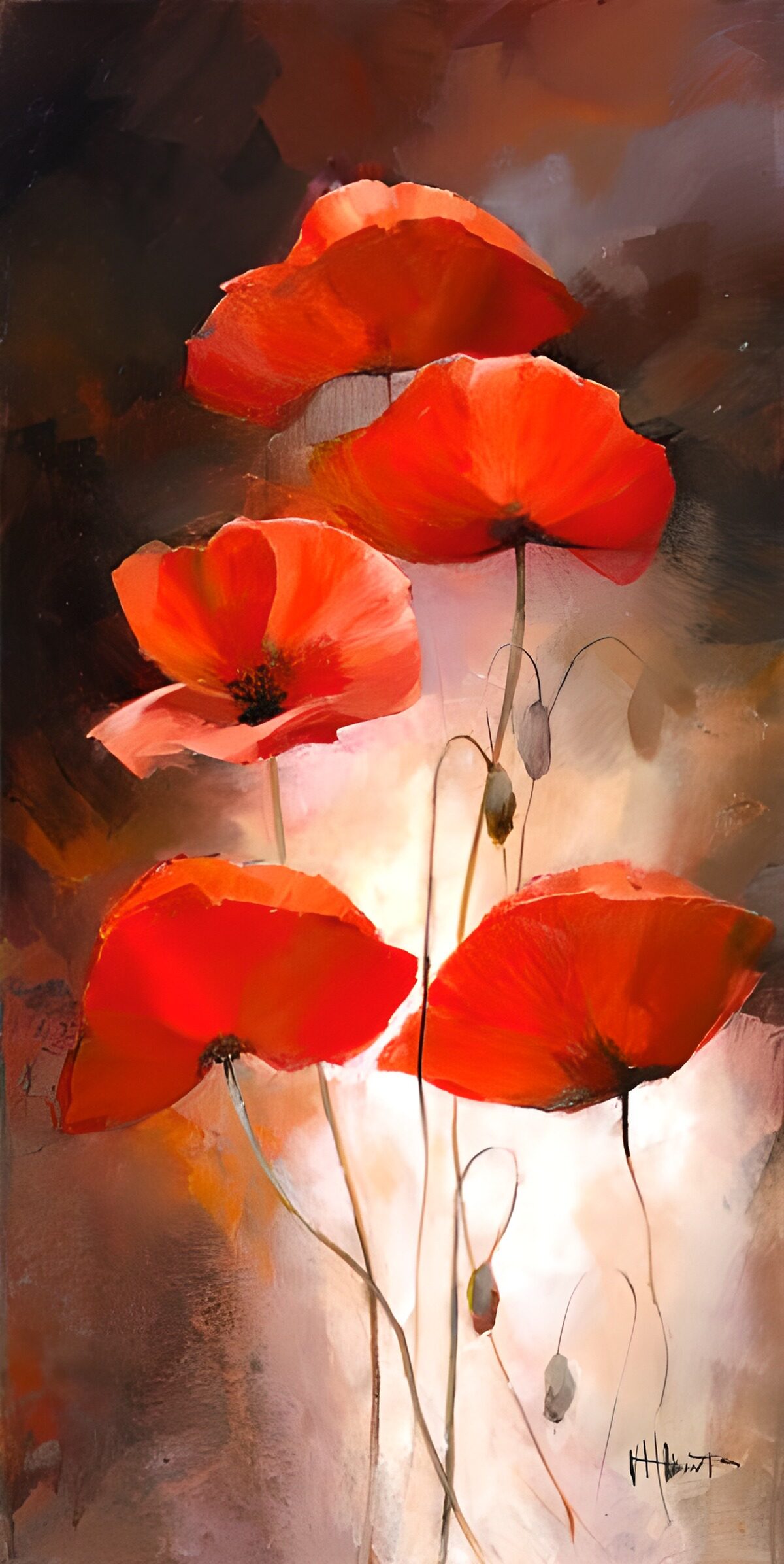 Five red poppies in warm light