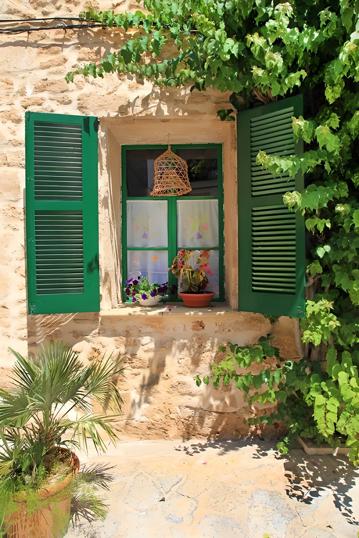 Green shutters on sunlit stone
