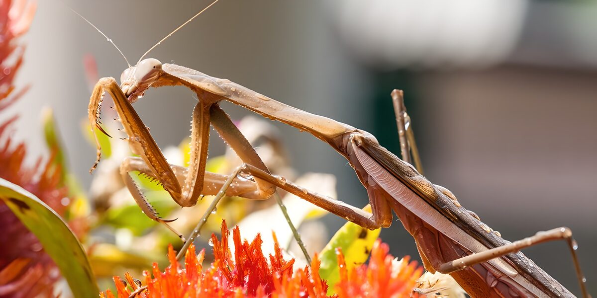 Brown mantis among red-orange flowers