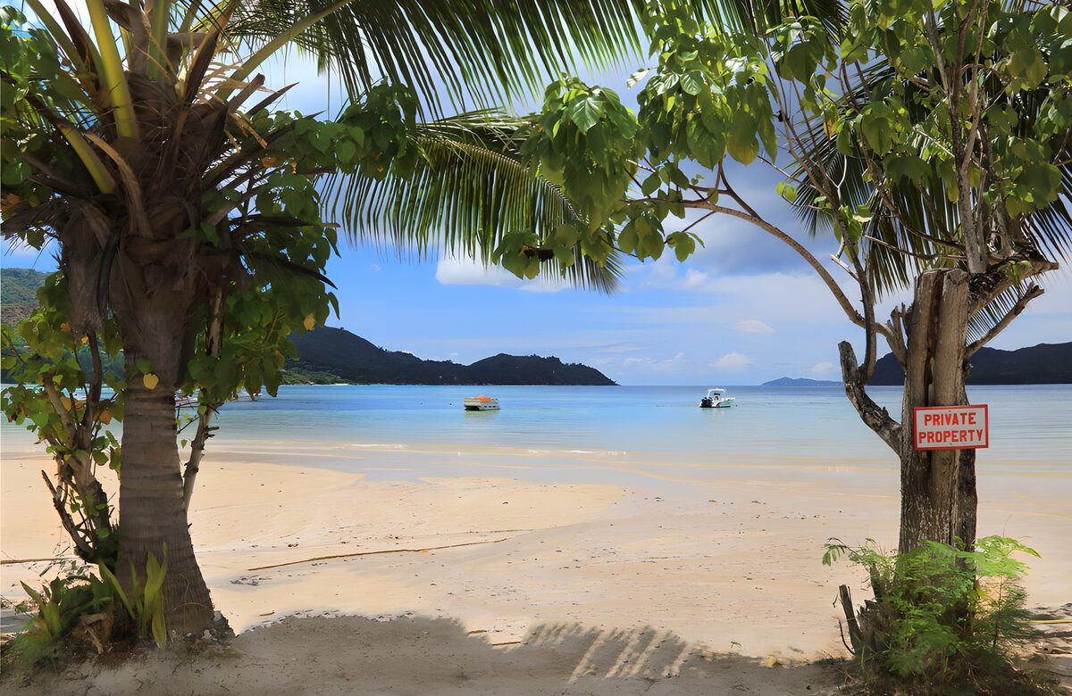 Palm-fringed beach with boats at rest