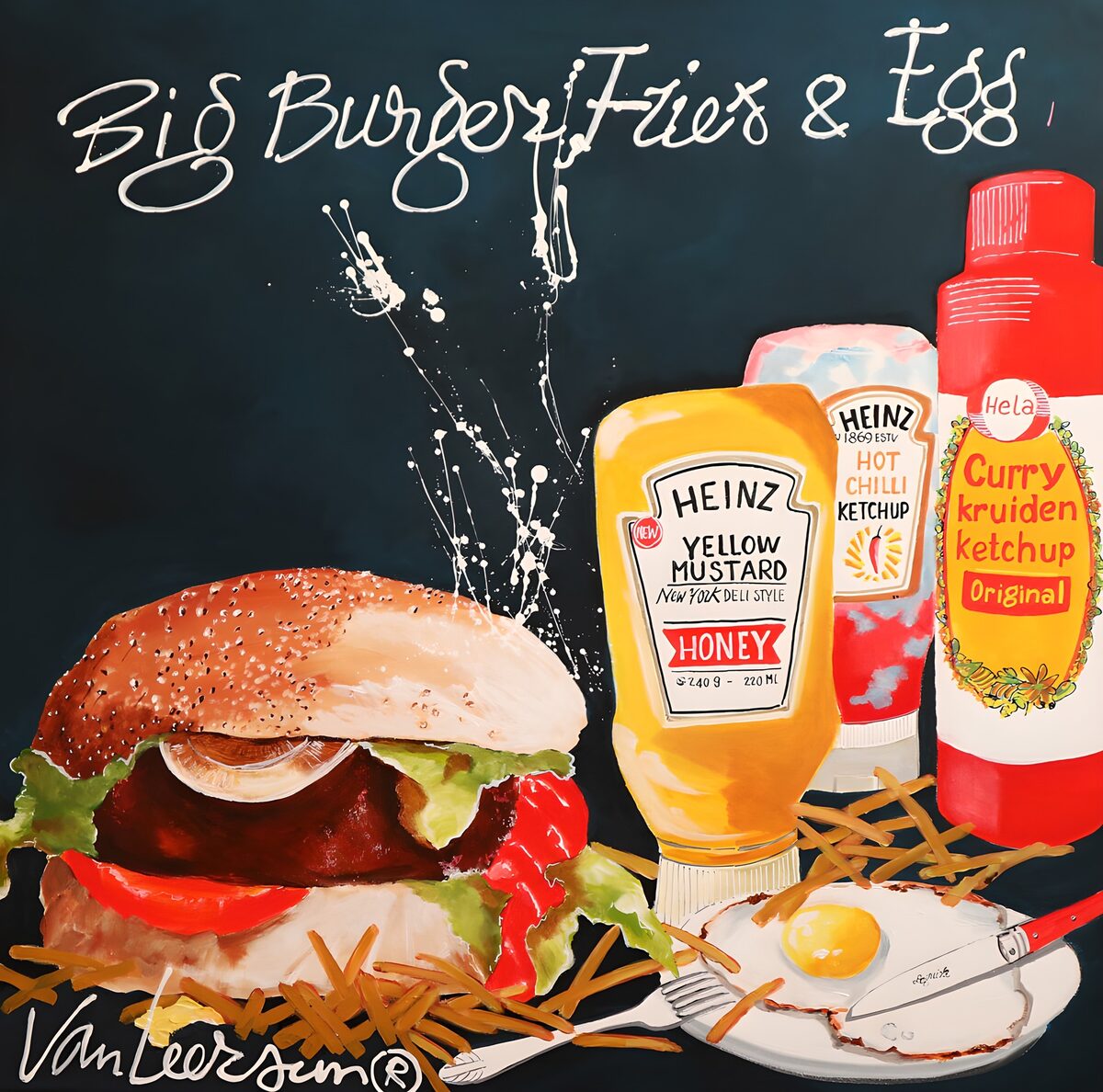 Burger, fries and egg in bold colour