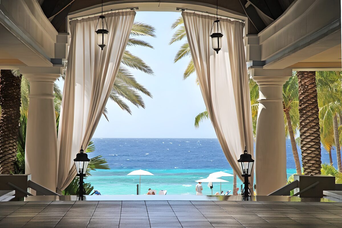 Shaded pavilion by a turquoise sea