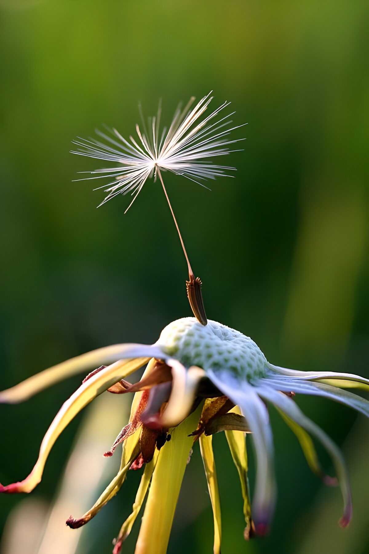 A dandelion’s last seed in sunlight