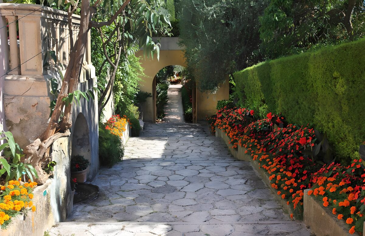 Sunlit stone path between bright flower beds