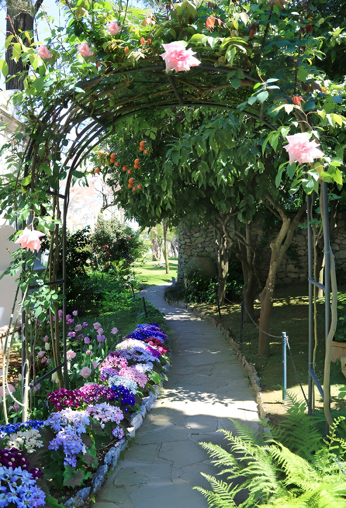 Garden path beneath a pink-flowered arch
