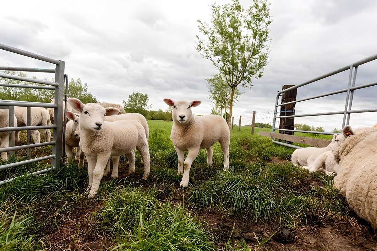 Sheep and lambs at a quiet field gate
