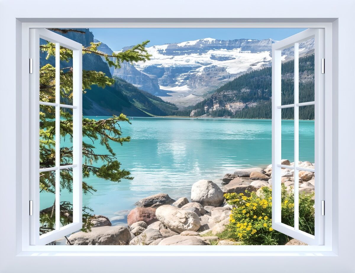 Open window onto a turquoise mountain lake