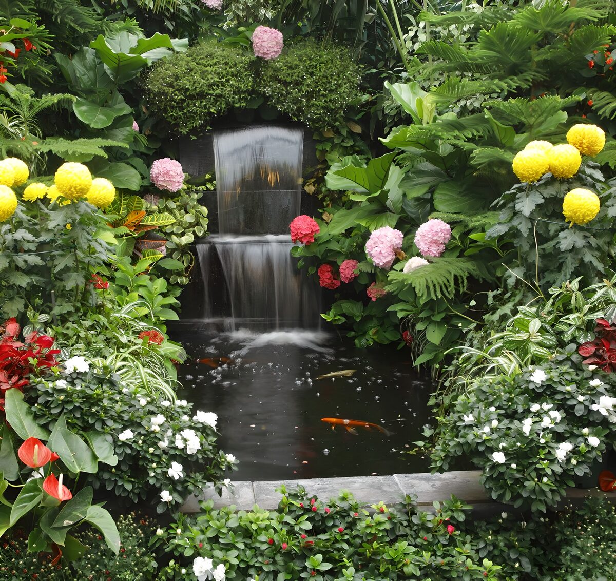 Sheltered pond with flowers and a waterfall
