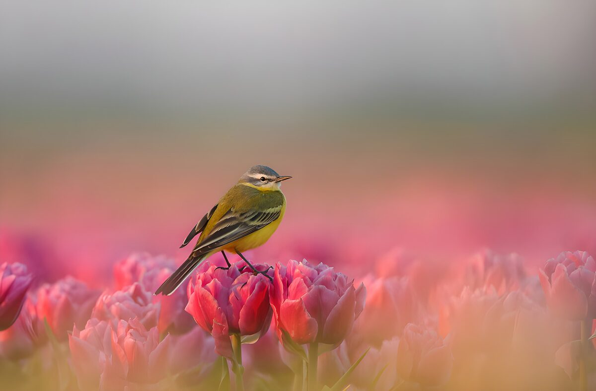 A yellow wagtail in a sea of pink tulips
