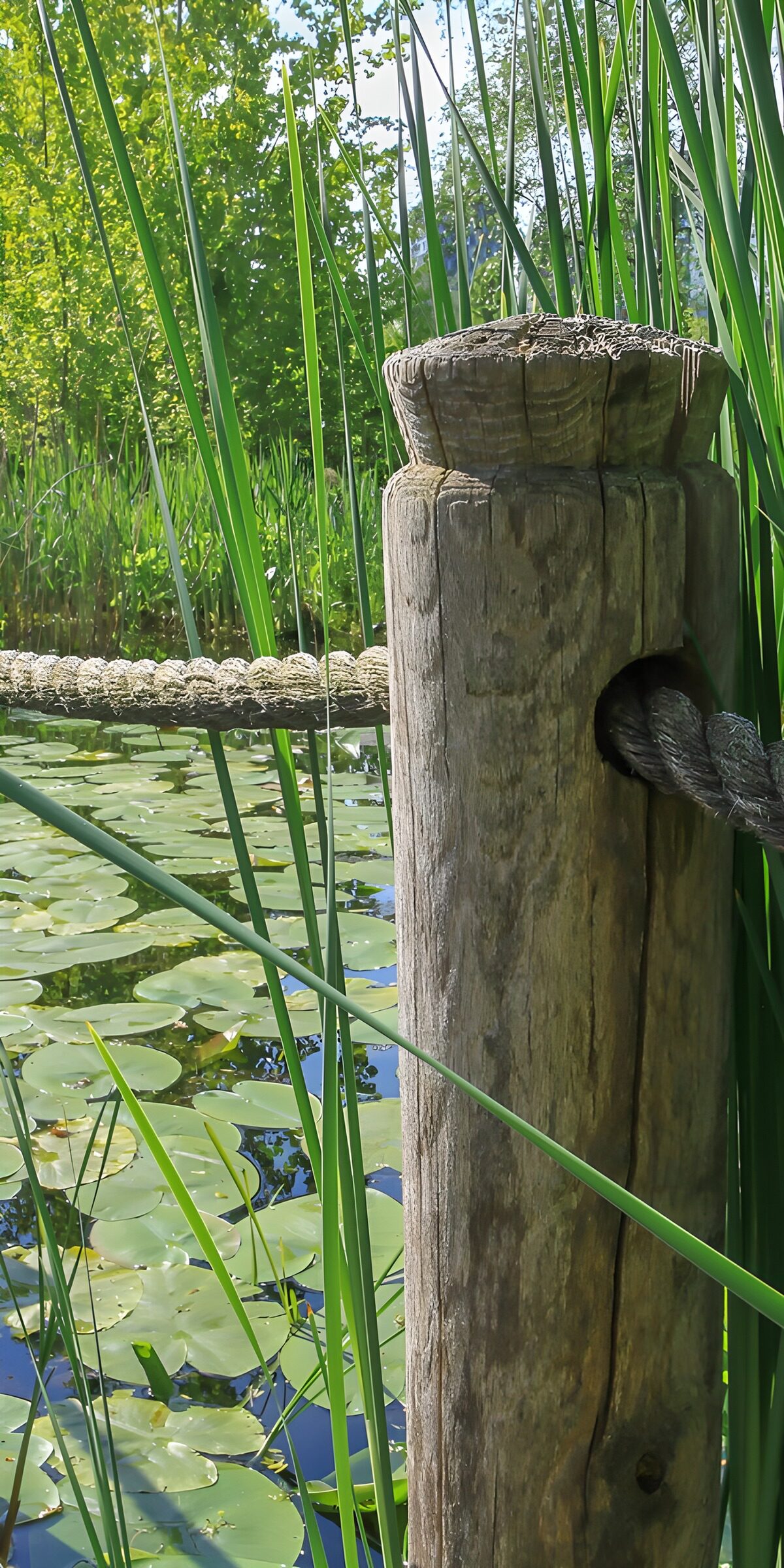 Weathered post beside a sunlit pond