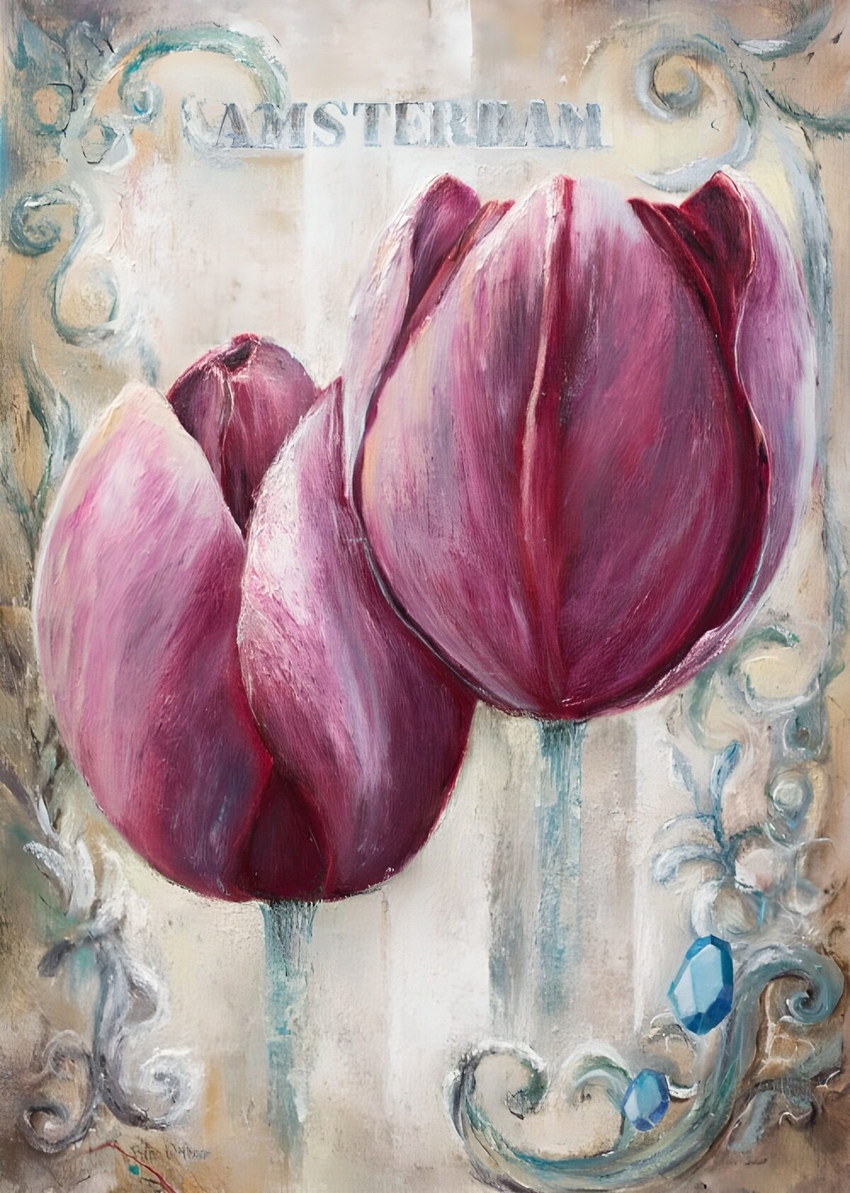 Pink and purple tulips on aged cream