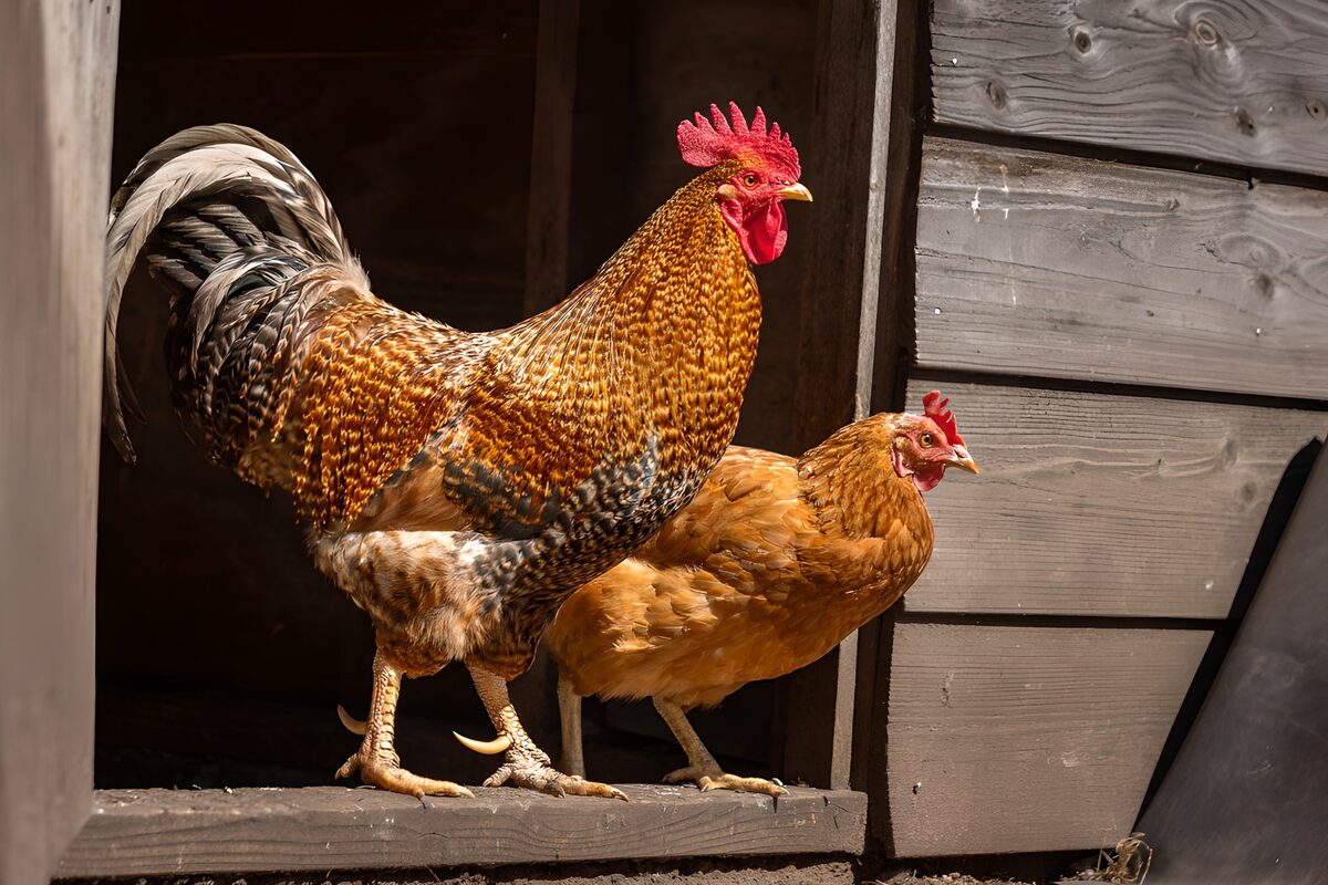 Cockerel and hen in the sunshine