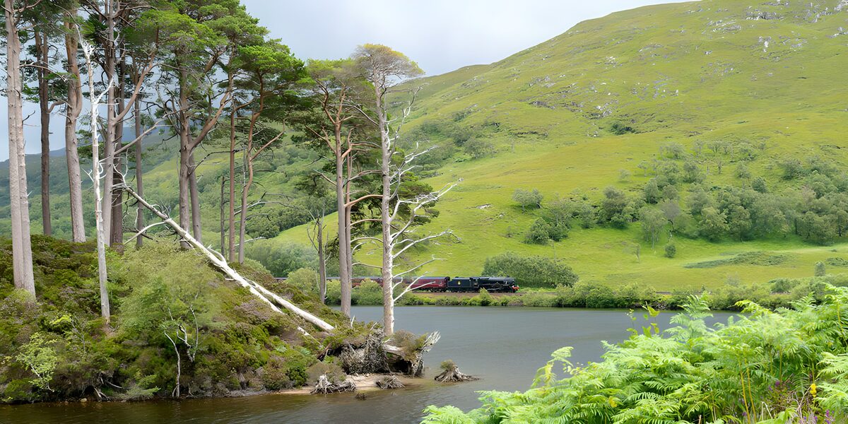 Steam train beside a quiet lake