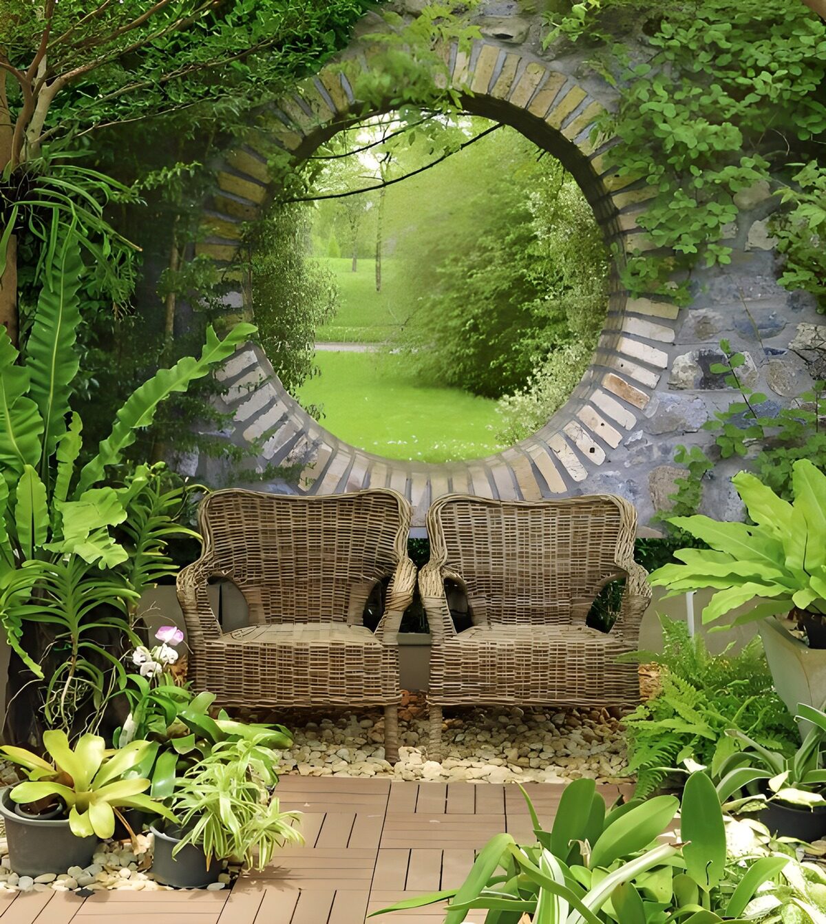 Wicker chairs in a sheltered green garden