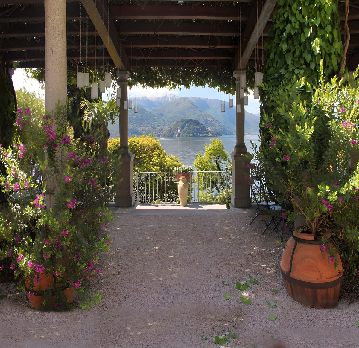 Lake and mountains from a shaded pergola