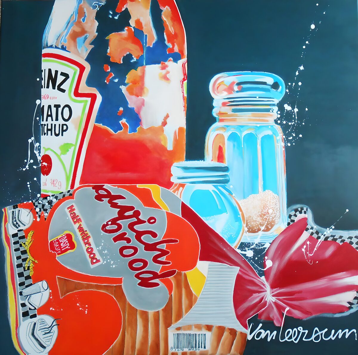 Bread and ketchup in bold colours