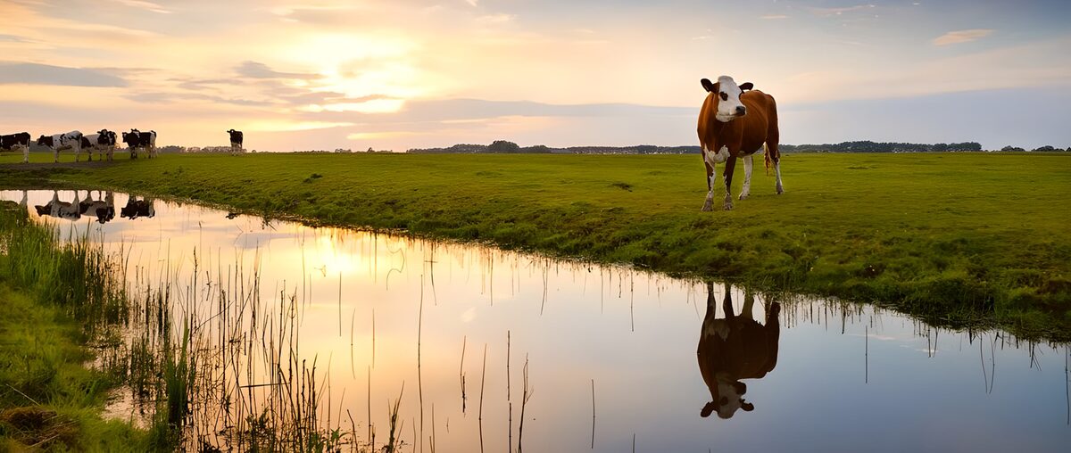 Cows by the water in golden light