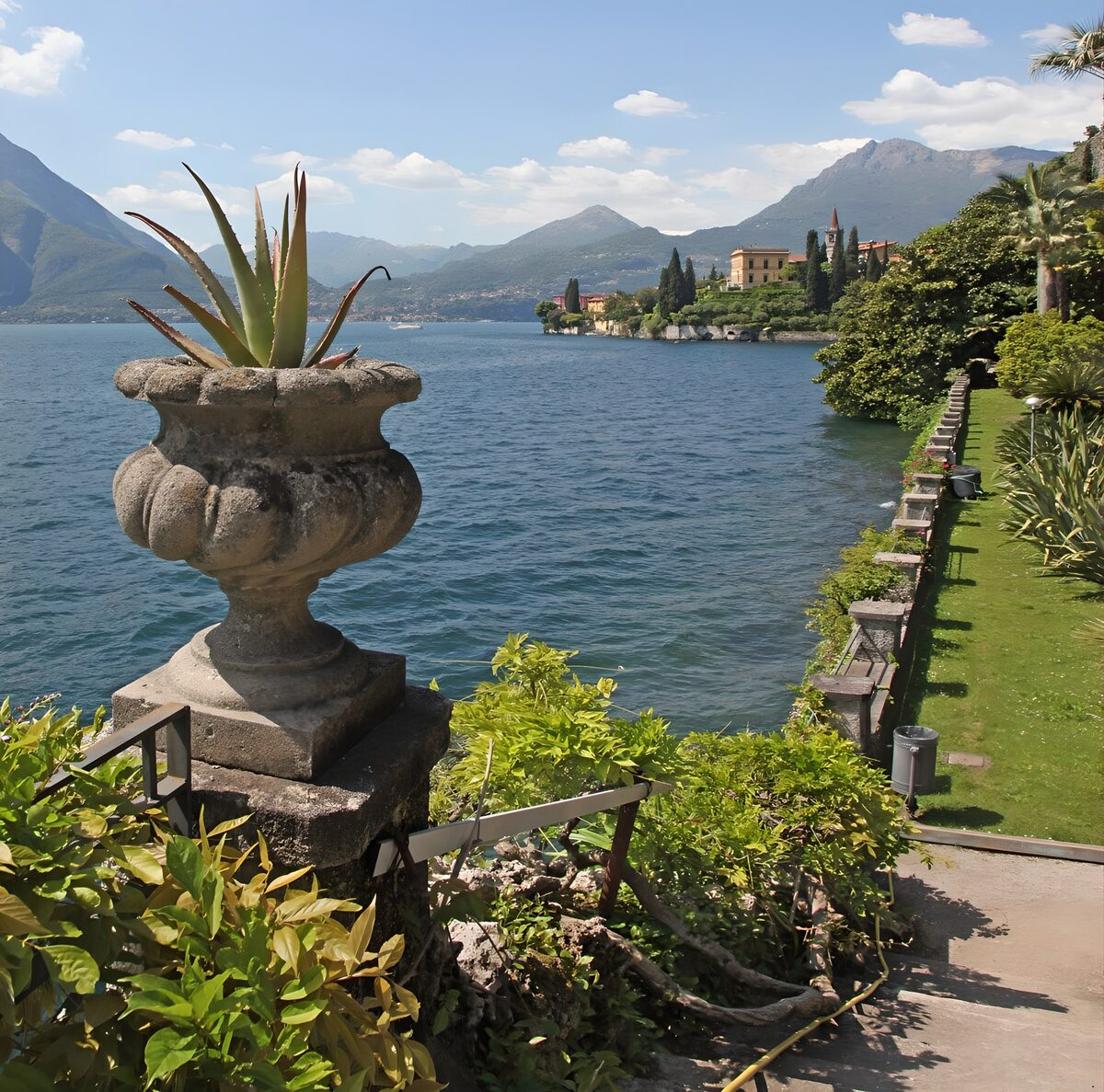Stone urn overlooking a mountain lake