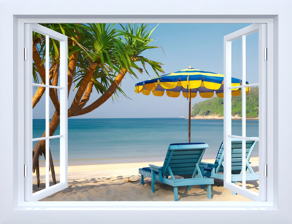 Open window onto a sunlit tropical beach