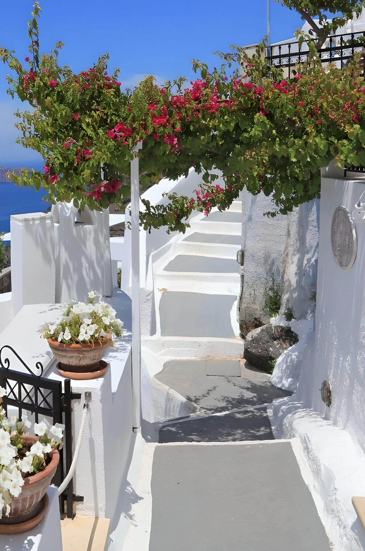A pink canopy over whitewashed steps