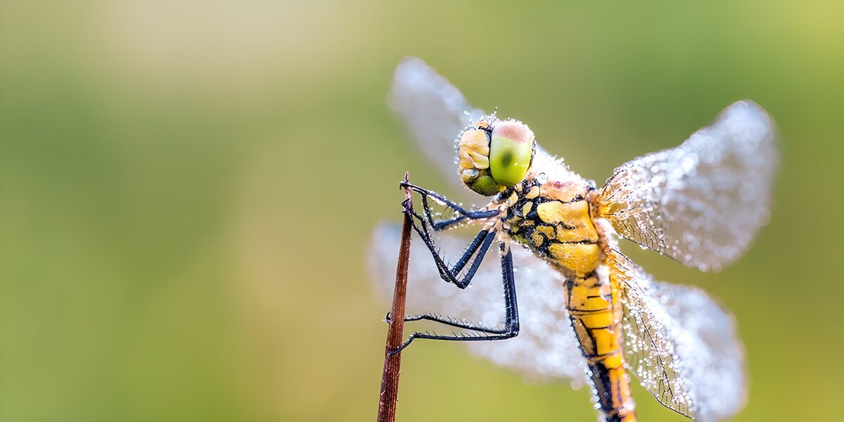 Yellow dragonfly on a slender stem