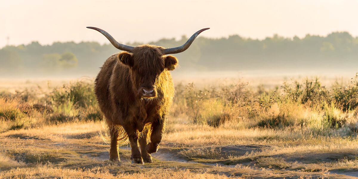 Highland cow in the morning mist
