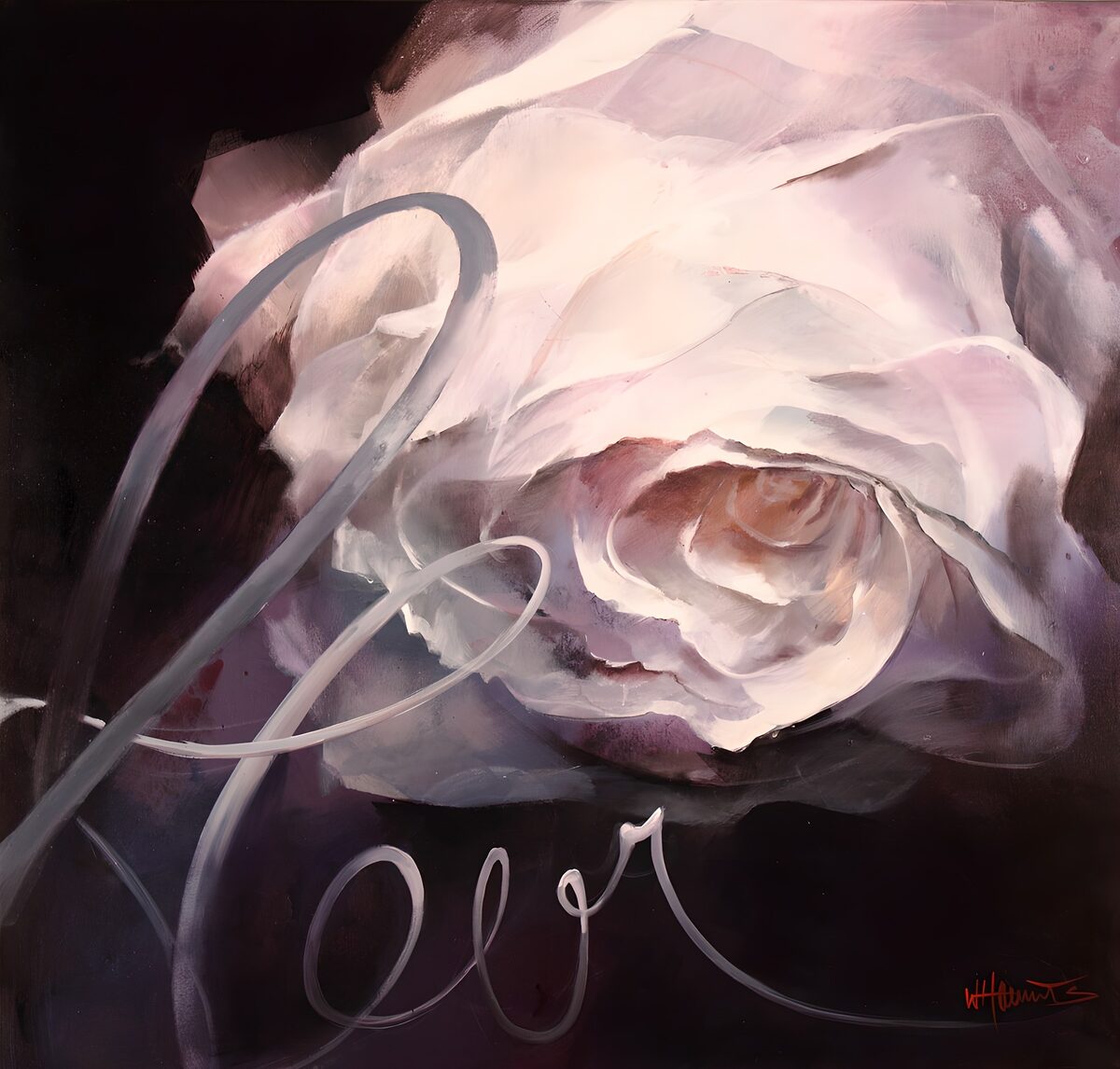White and pink rose in soft brushstrokes