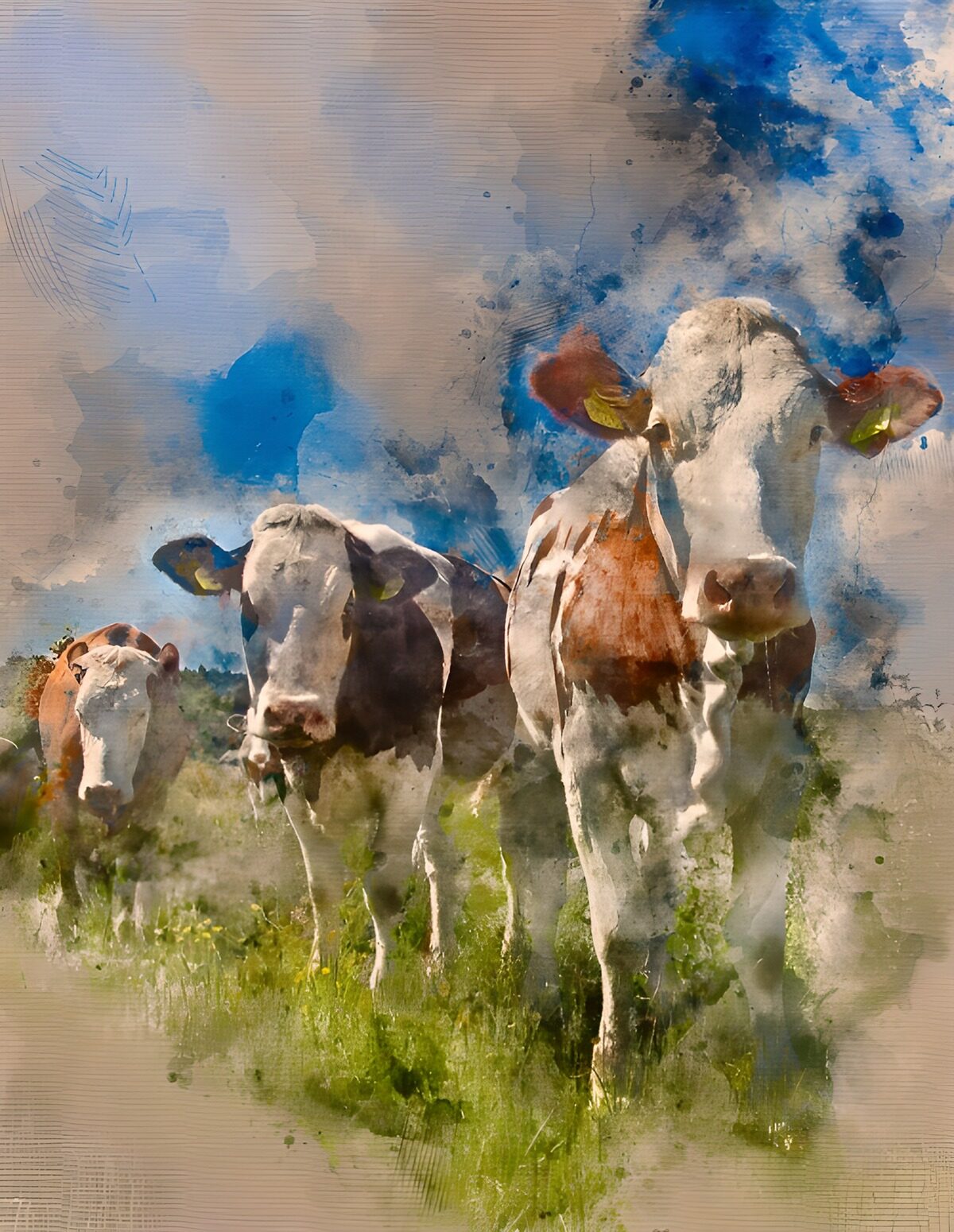 Three cows in a sunlit meadow