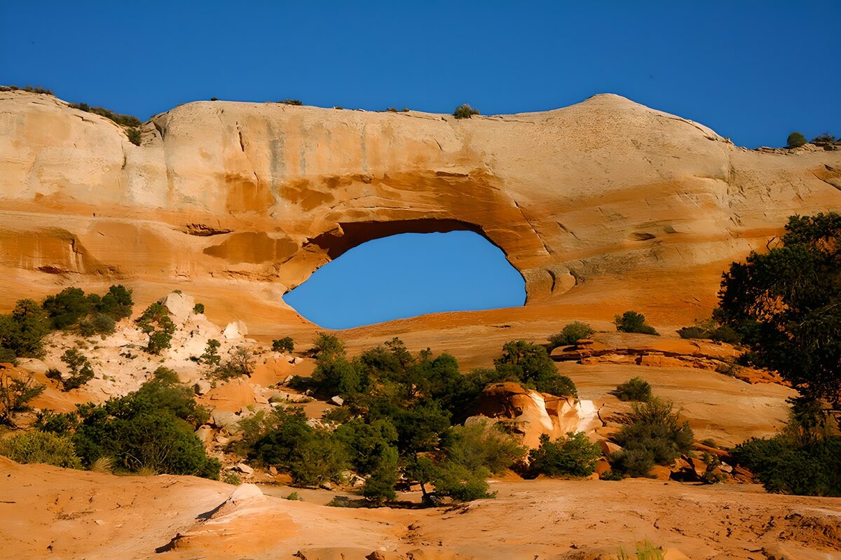 Sunlit sandstone arch beneath blue skies