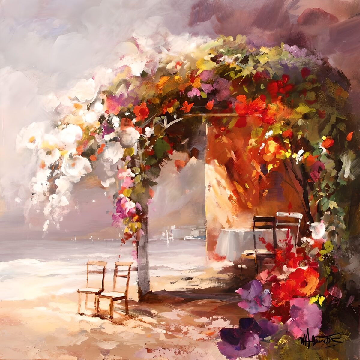 Sunlit terrace beneath a flower arch