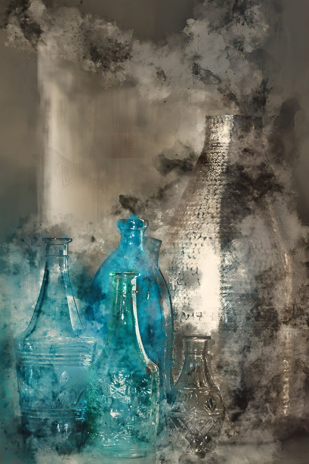 Blue bottles and decanters in a grey haze