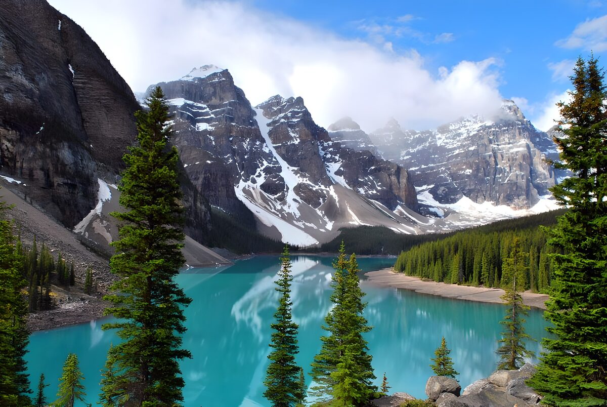Turquoise lake beneath rugged peaks