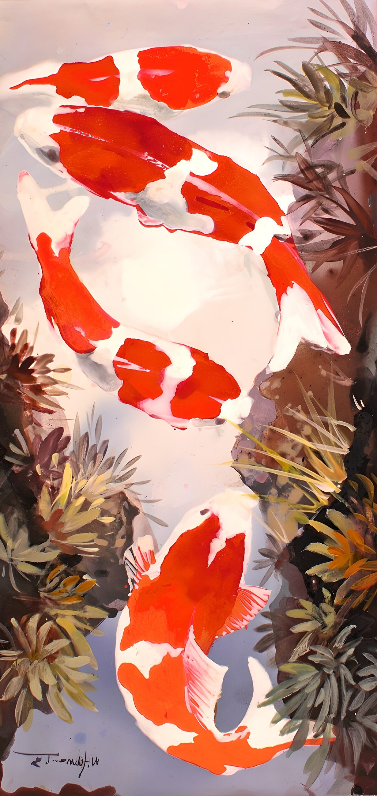 Red-and-white koi in soft pastel water