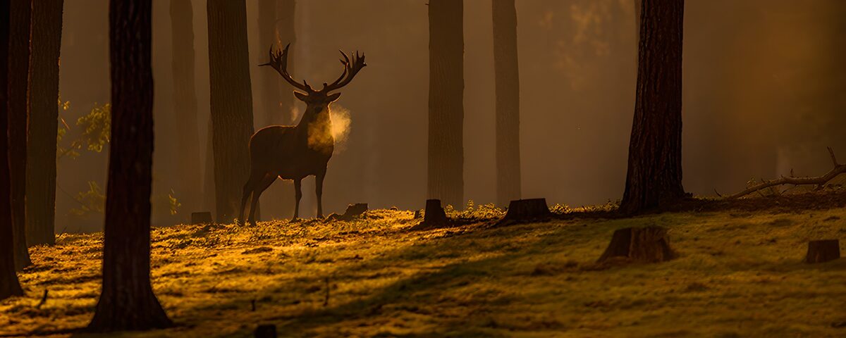 Stag in a sunlit, misty forest