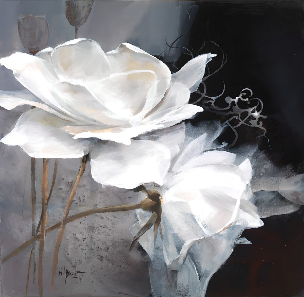 Two white blossoms in smoky grey
