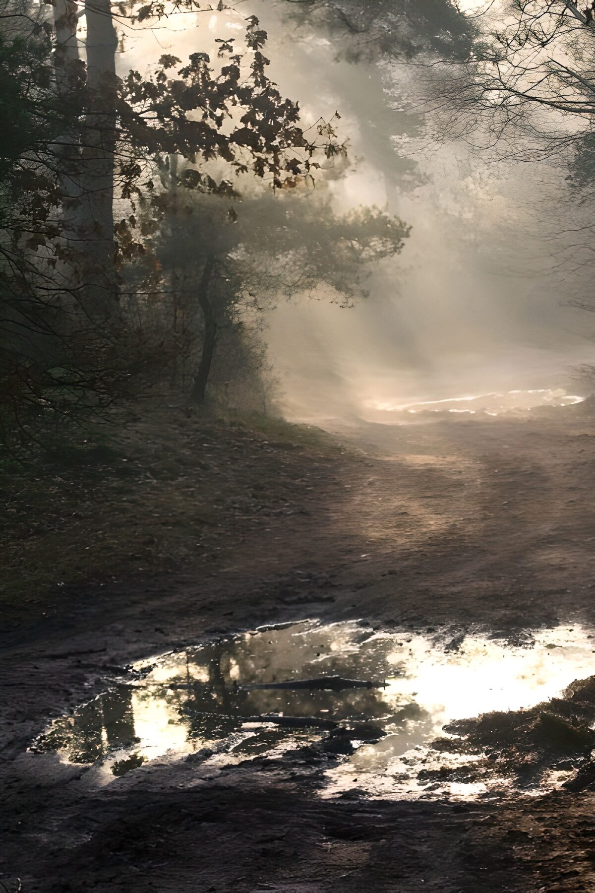 Muddy woodland path in morning mist