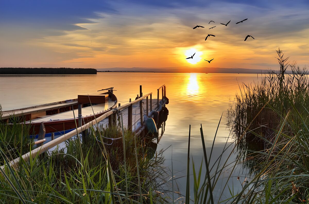 Boats by a jetty in golden lake light