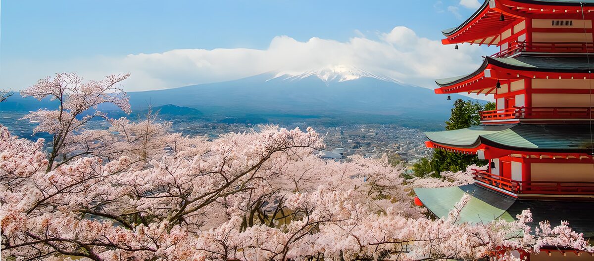 Mount Fuji and pagoda in spring blossom