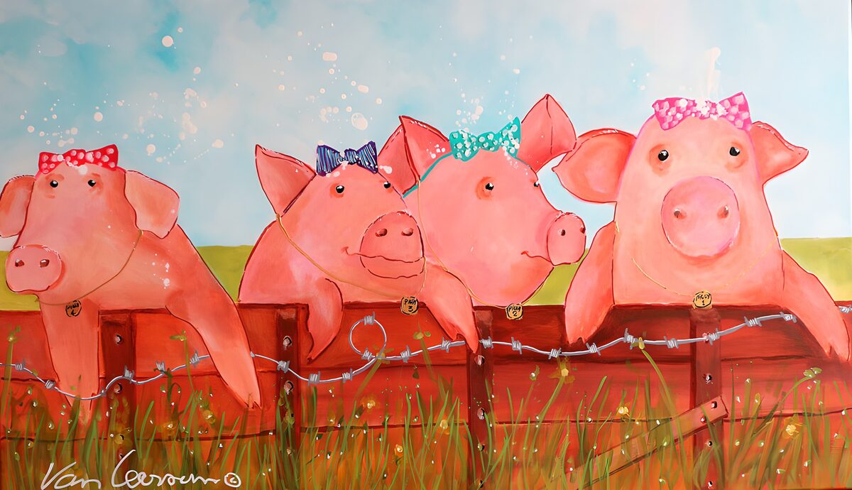 Four pink pigs in bows at the fence