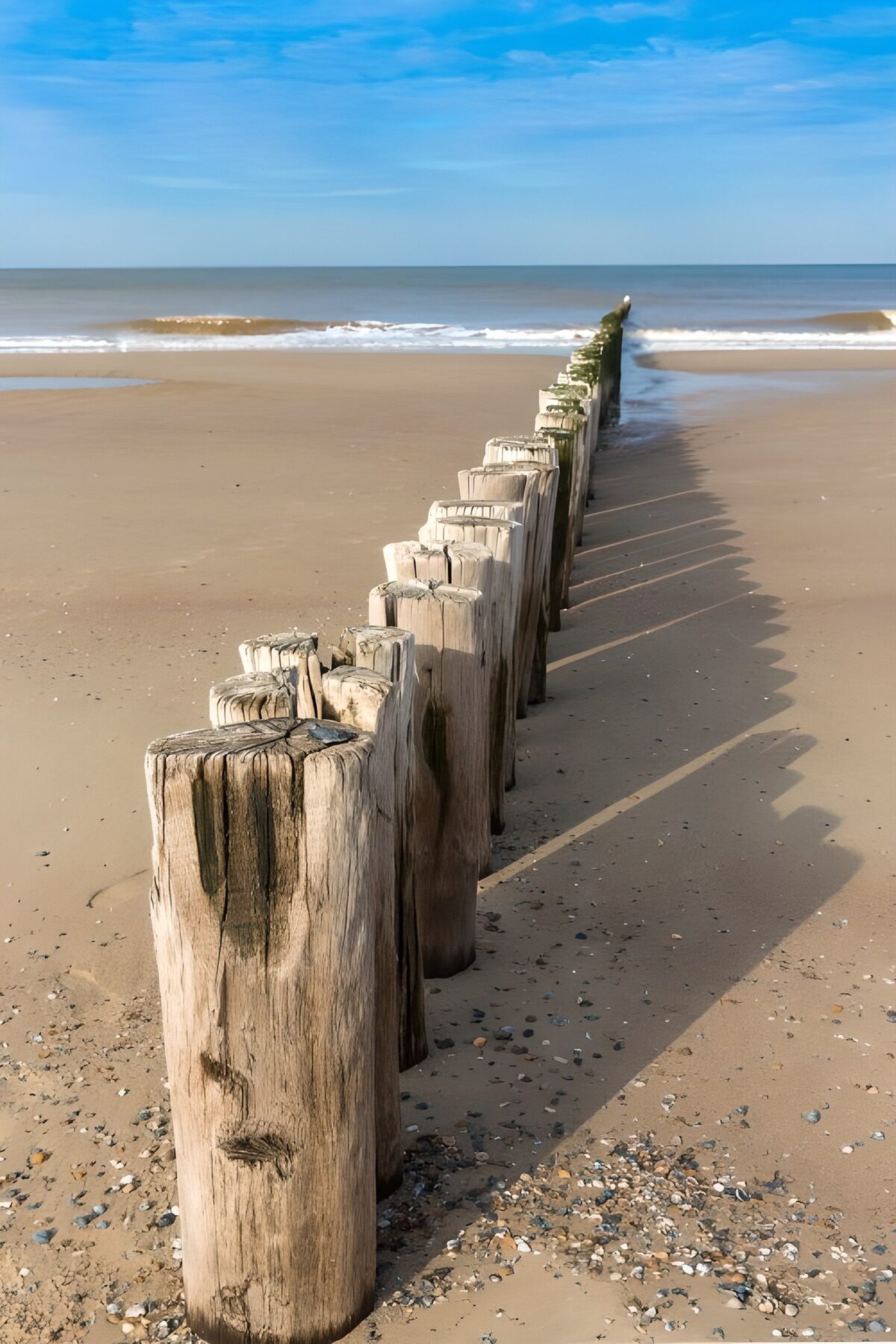 A wooden groyne on a sunlit beach