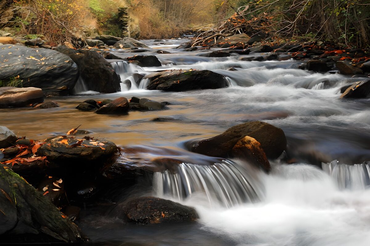 Autumn stream cascading over dark rocks