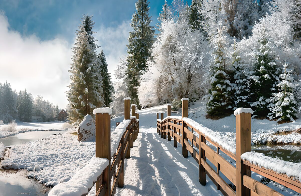 Snowy footbridge in the winter sunshine