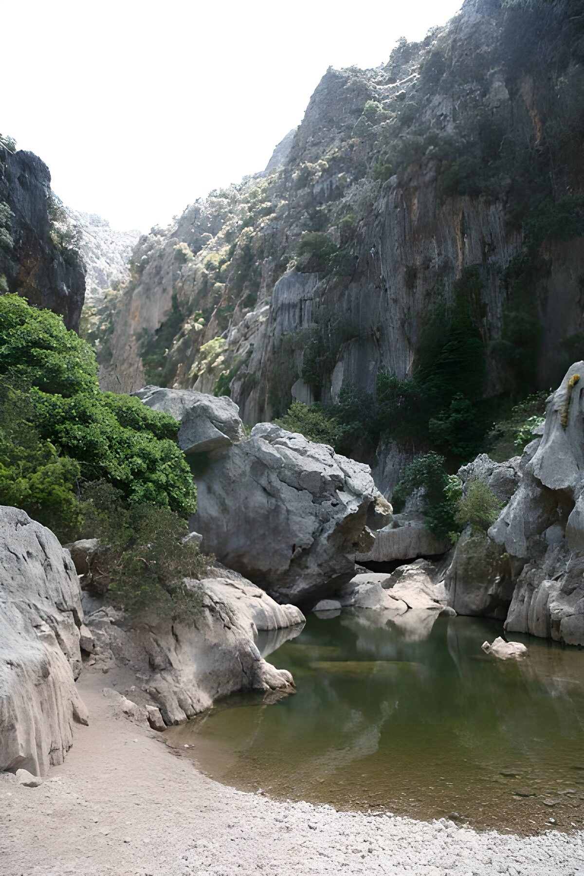 Still green pool beneath rugged cliffs