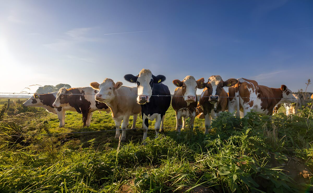 Cattle by the fence in warm sunlight