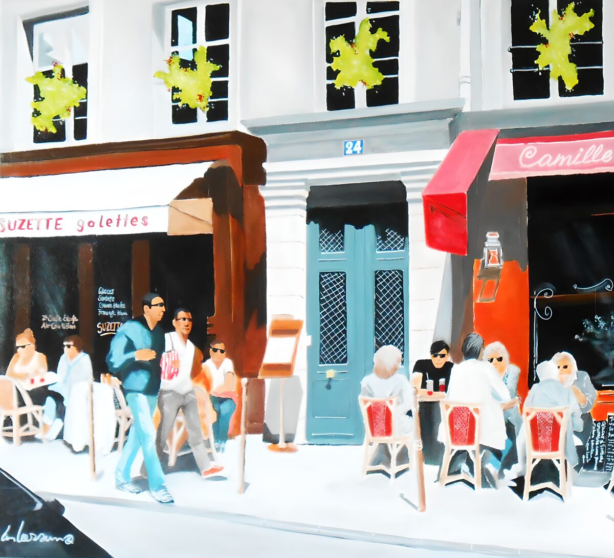 Sunlit cafés with red terrace chairs