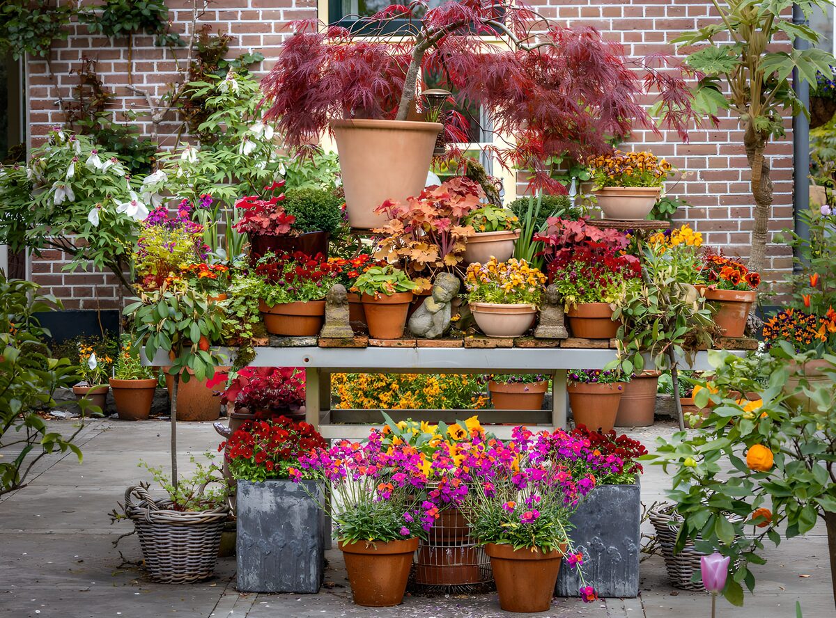 Potted flowers in a cheerful courtyard