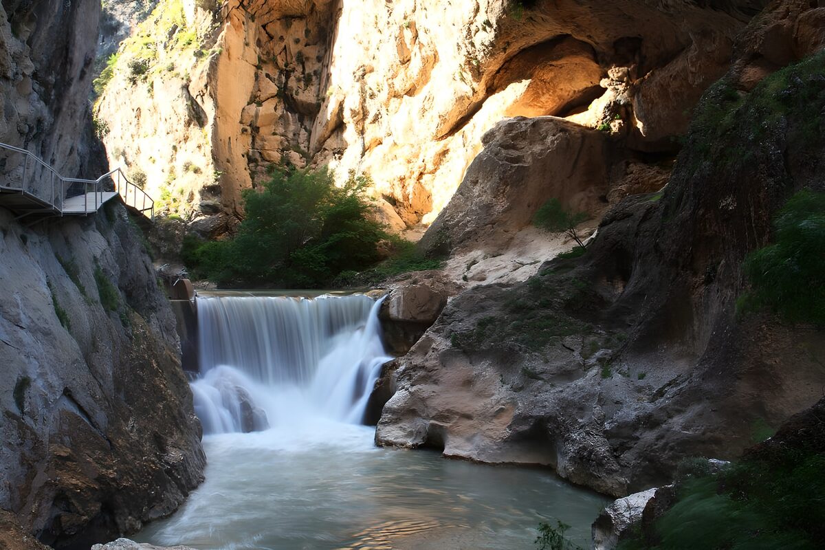 Waterfall and pool in a shaded gorge