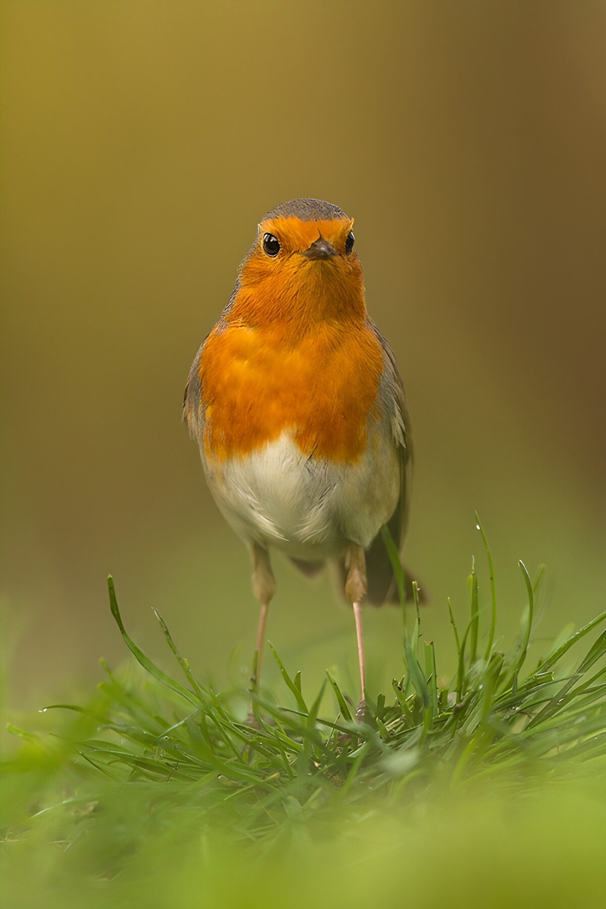 Robin standing alert in the grass