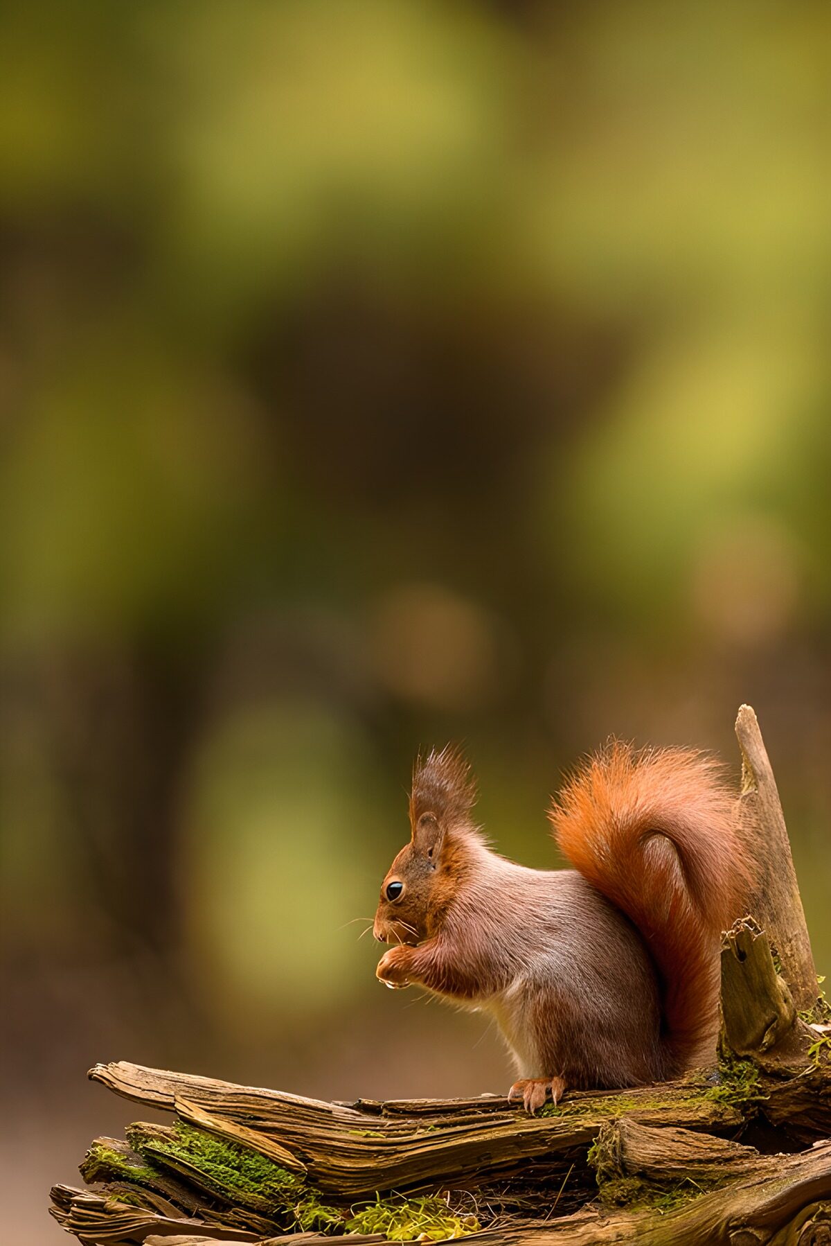 Red squirrel on a softly lit mossy log