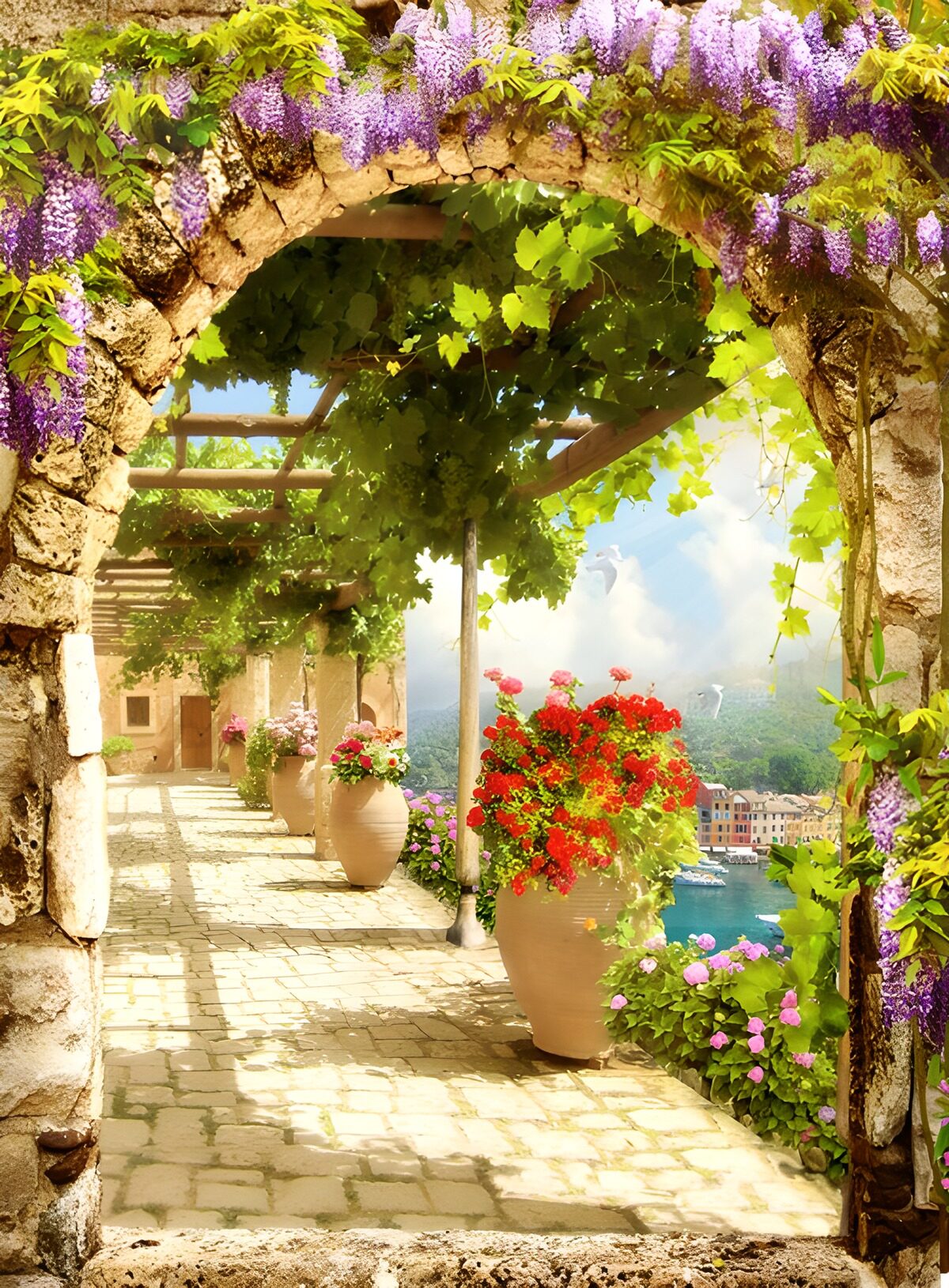 Sunlit stone arch and harbour terrace